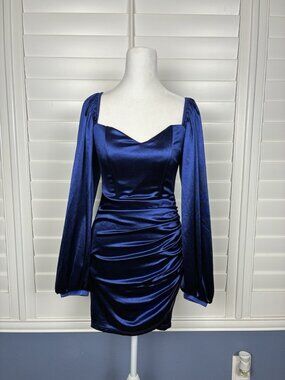 Windsor Women’s S Navy Satin Ruched Sweetheart Balloon Sleeve Mini Dress NWT